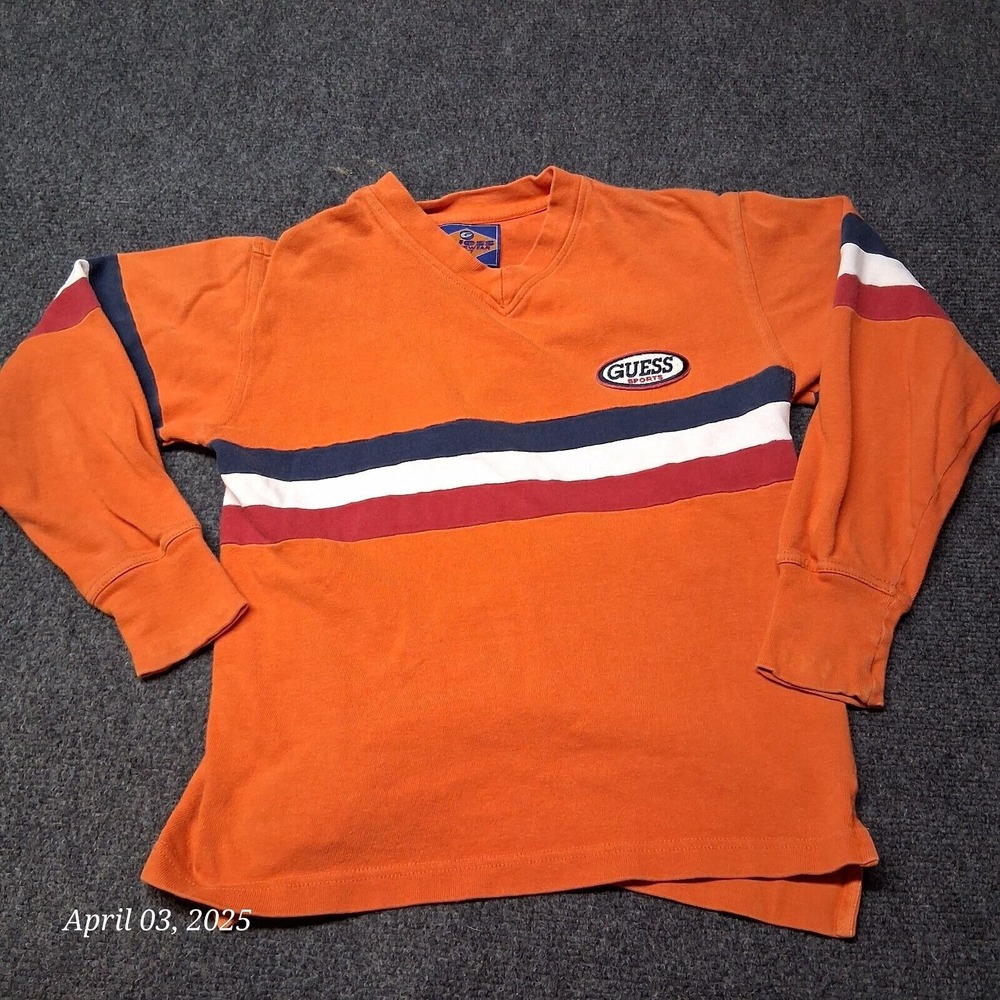 VTG Guess Jeanswear Shirt Youth Size Small 8-10 Orange Long Sleeve Striped 90s